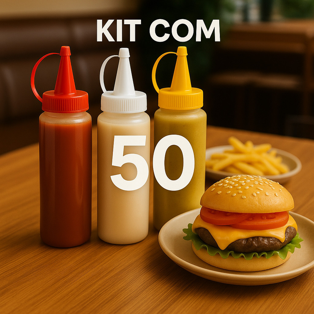 Kit 50 Bisnagas de Molho 200ml Ketchup Maionese Mostarda Refil Squeeze Dosador Plástico para Cozinha e Lanches
