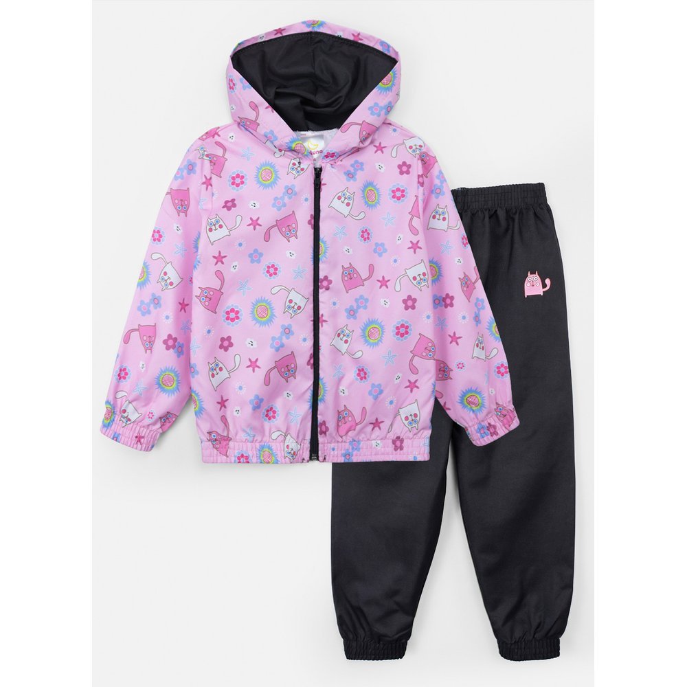 Conjunto Infantil Menina Corta Vento C/Capuz Flores e Estrelas Rosa Bebê 320 - Laluna