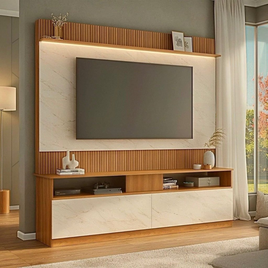 Rack com Painel Ripado para TV até 70 Polegadas 182cmx172cm Rio Branco Marrom Manchester/Mármore Manchester/Mármore