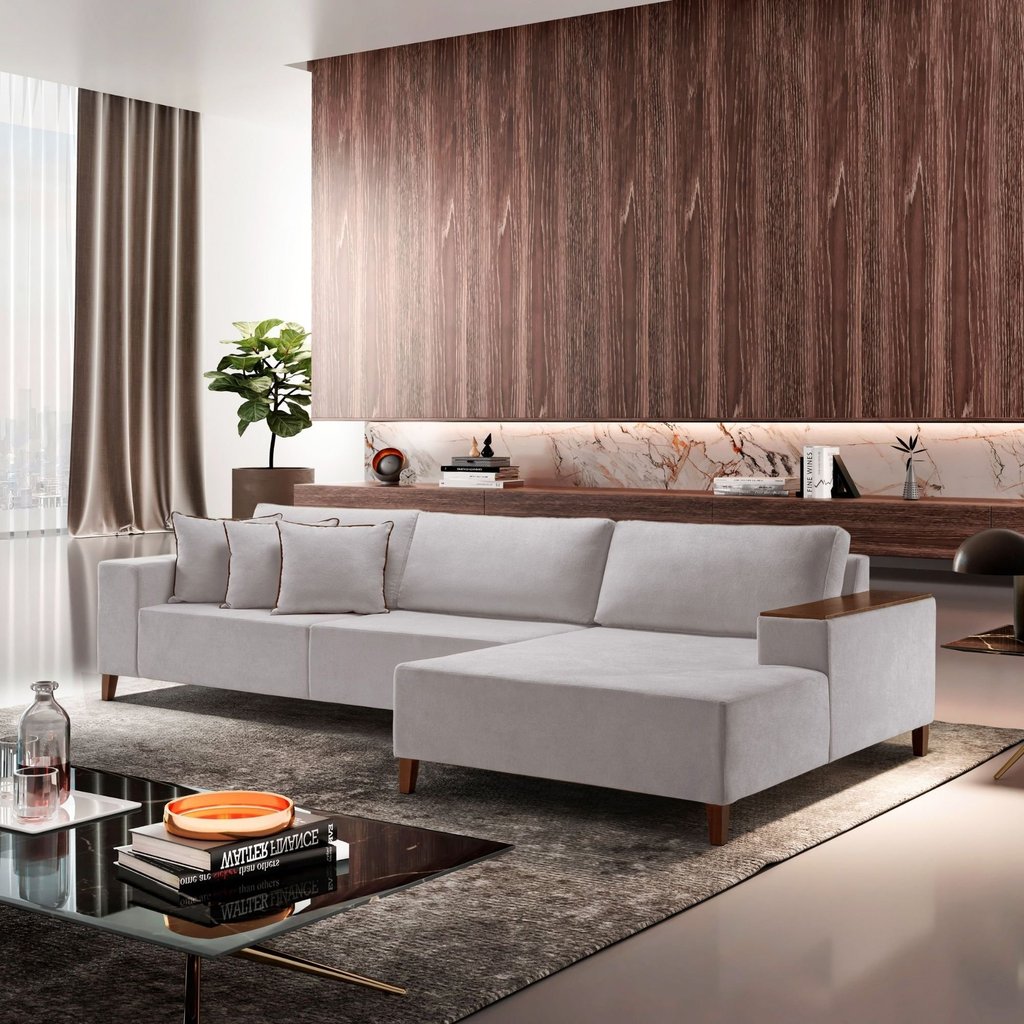 Sofá com Chaise 4 Lugares Linho Cinza Grécia 290cm Yescasa Cinza