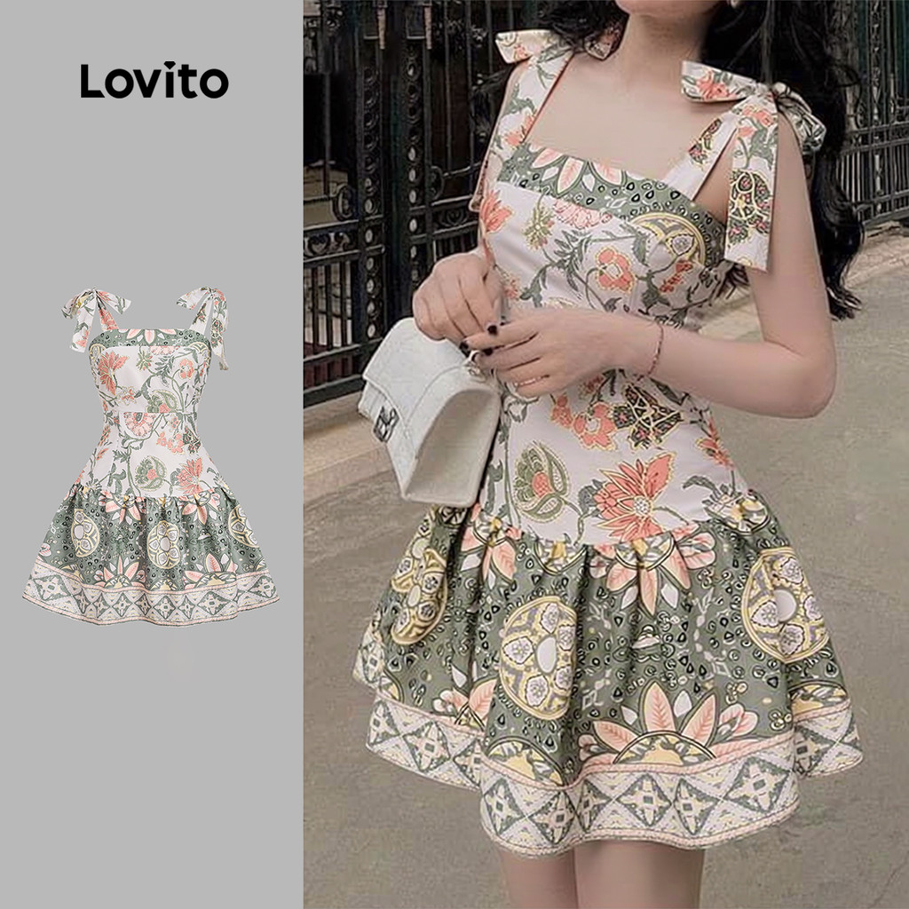 Lovito Férias Vestido Vintage com cadarço vestido primavera/verão para mulheres Bordado LK3ED062