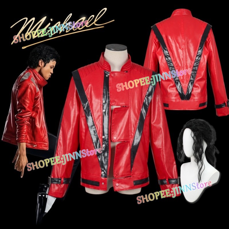 - JINN-MICHAEL Cosplay Jaqueta De Couro Vermelho JACKSON Peruca Terno Roupas Diárias