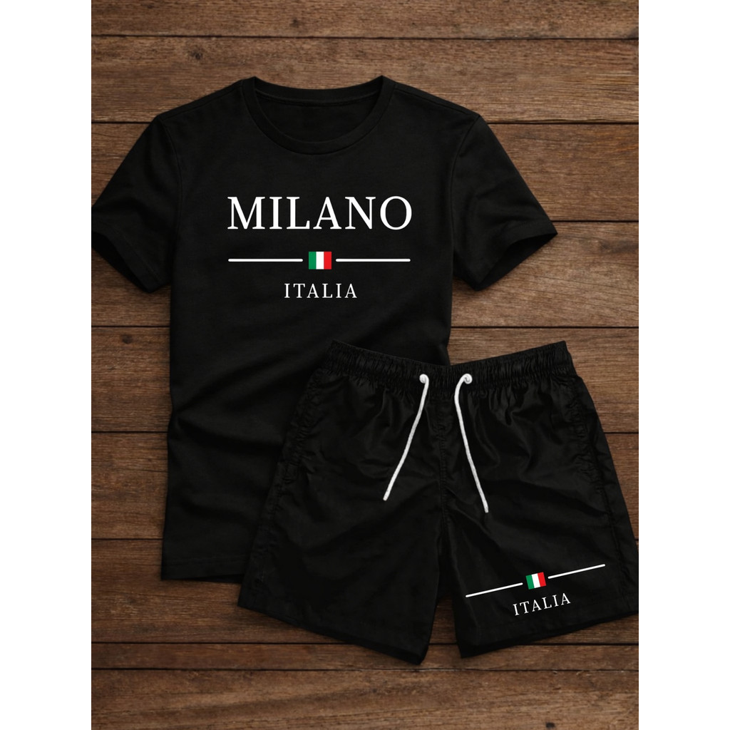 Conjunto Camiseta 100% Algodão + Short Tactel Conf Camisa Milano Italia Minimalista Masculino Lançamento Linha Premio