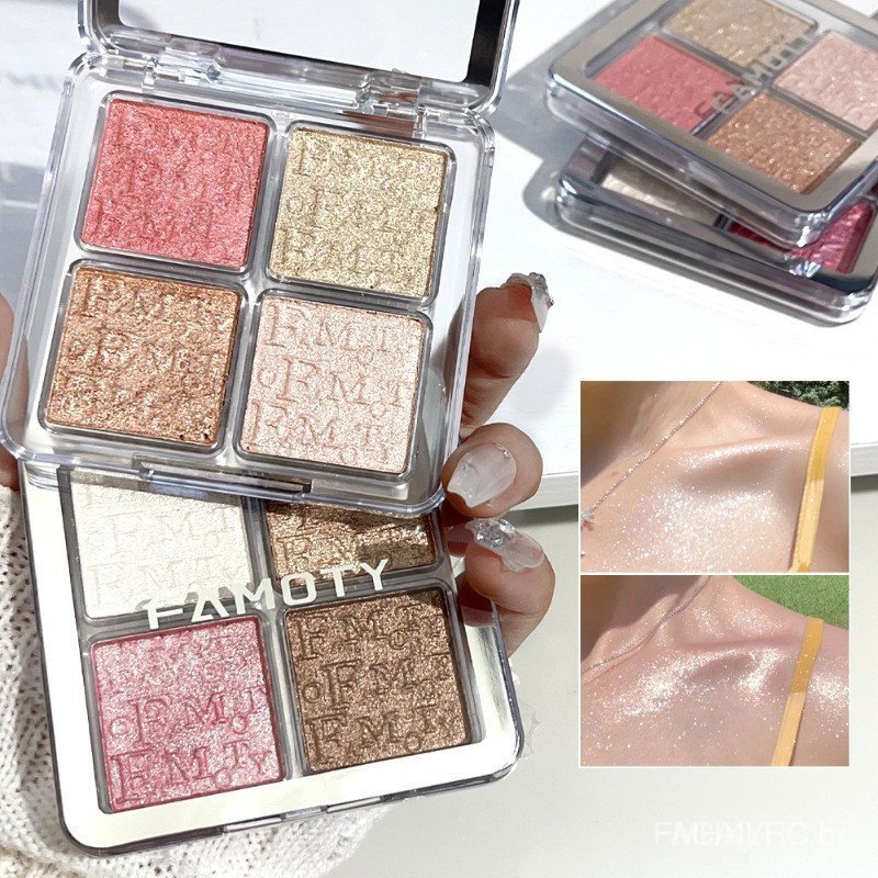 Paleta de Iluminadores Faciais em 4 Cores, Pó Compacto Suave com Brilho Perolado, Maquiagem Iluminadora de Longa Duração