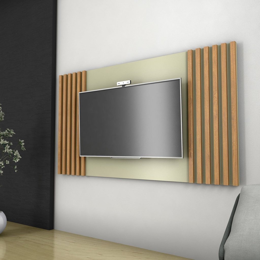 Painel Ripado para TV até 50 Polegadas 160cmx90cm Dallas Bege Off White/Ipê Off White/Ipê