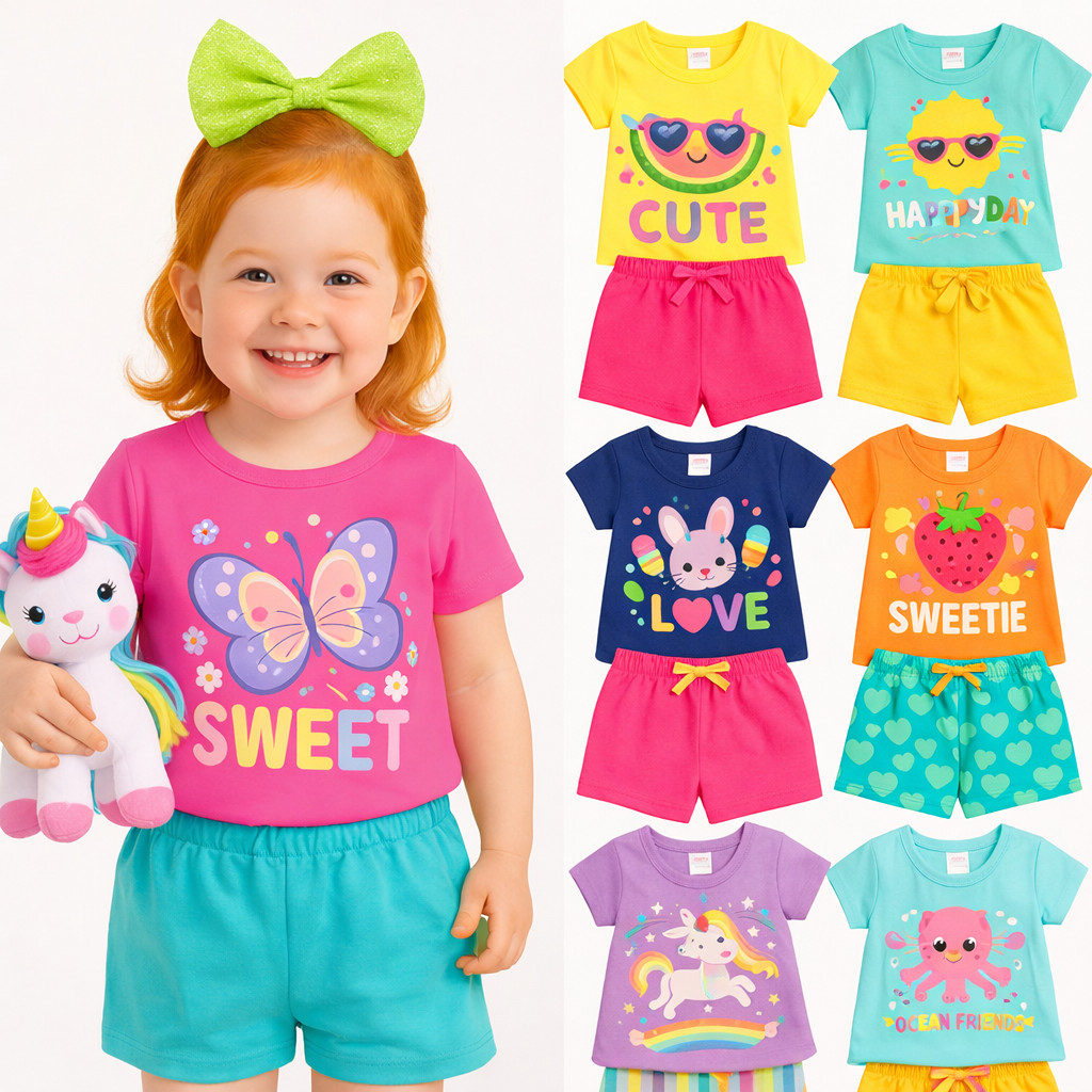 Kit Sortido 2 ou 4 Peças de Roupa de Verão Infantil Feminina Conjunto de VERÃO Bebê Menina