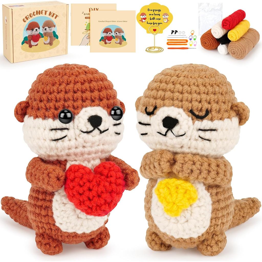 Kit de Crochê para Iniciantes, Presente de Crochê com Mensagem Positiva, Kit de Crochê de Casal de Lontras, Kits de Croc
