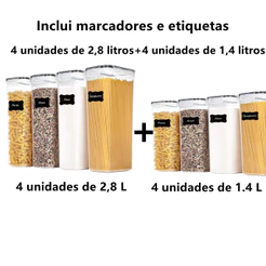 8 Potes Herméticos 2.8L /1.4L em Acrílico Cristal para Cozinha Design Empilhável Organizador para Mantimentos