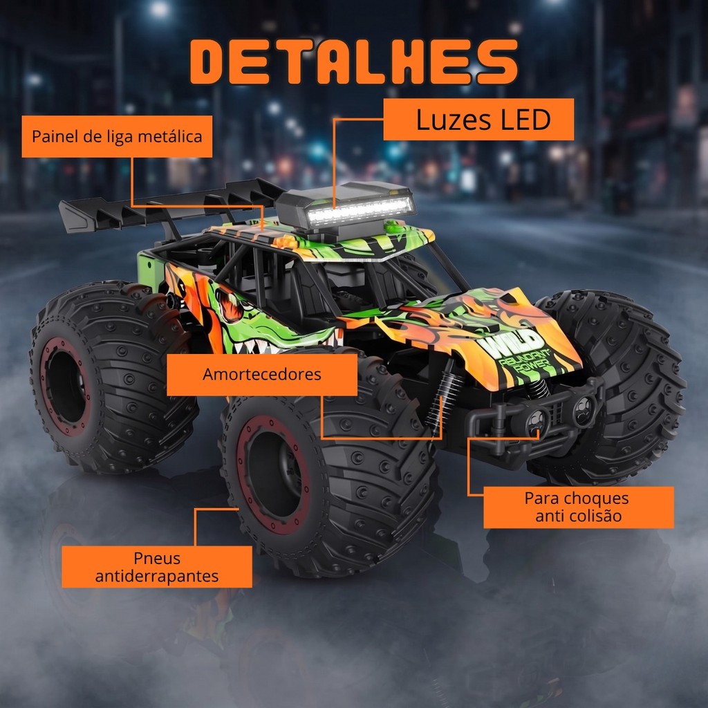 Carrinho Controle Remoto Off Road Monster Truck Super Velocidade 25km 2 Baterias Dinossauro Kizumba · foto 2