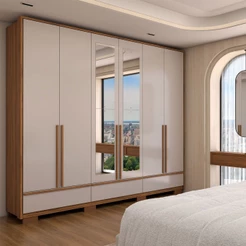 Guarda-Roupa Casal Hill 6 Portas 3 Gavetas com Espelho 100% Mdf Freijó Trend/Off White Tx - Panorama Móveis