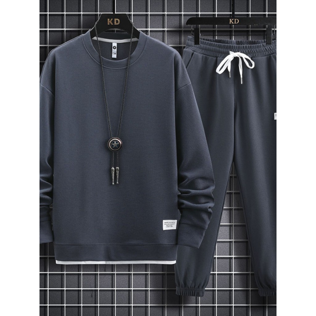 Waffle terno esportivo de manga comprida moletom masculino Casual um conjunto roupas primavera outono na moda solto tama
