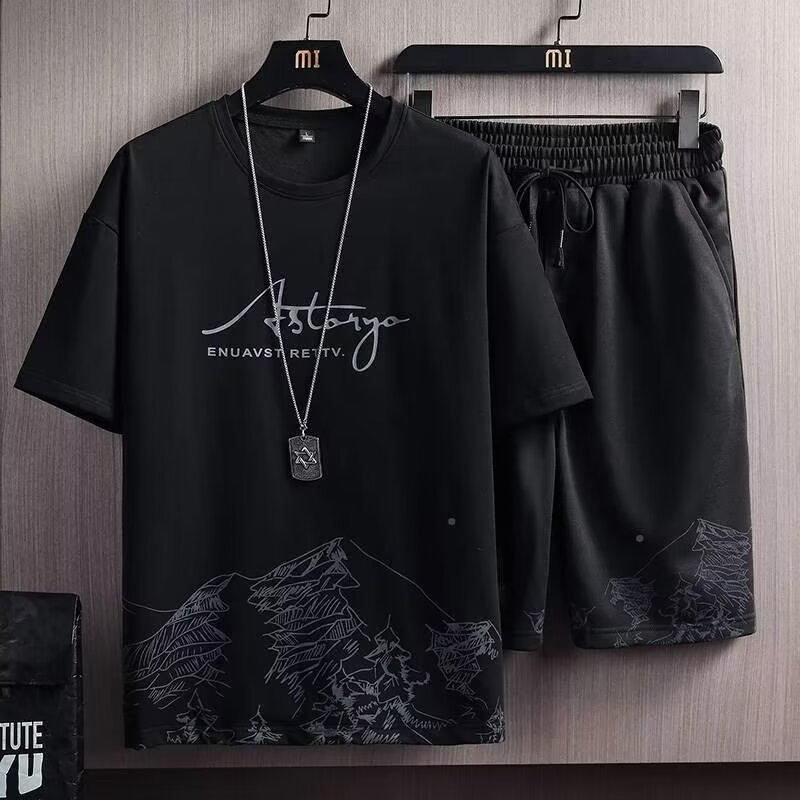 Terno Casual masculino esportes verão estilo fino gelo seda Shorts de manga curta roupas da moda roupas masculinas um co