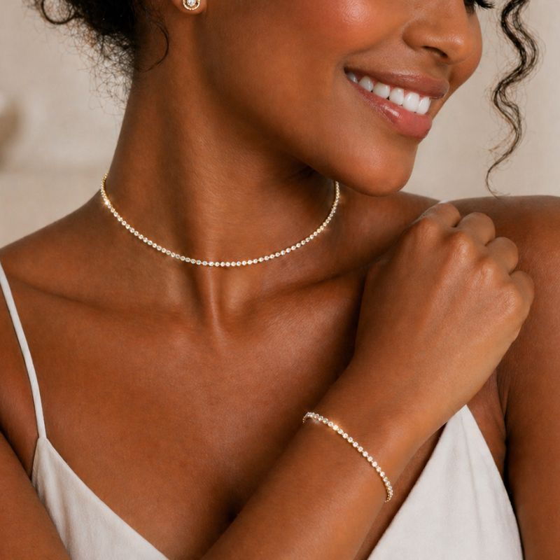 Conjunto Riviera Choker 35cm + Pulseira Zircônia 2mm Dourado Feminino Luxo Elegante