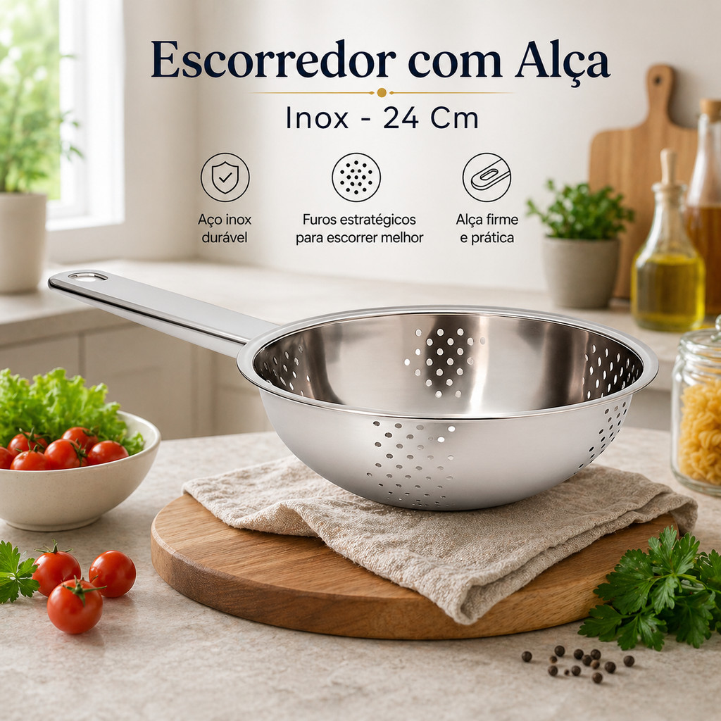 Escorredor de Massas com Alça 24cm Inox Frutas Legumes Macarrão Utilidades Praticidade Cozinha