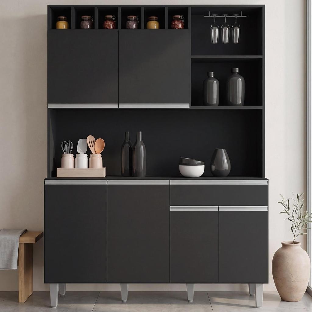 Kit Cozinha Compacta 130cm Com 6 Portas 1 Gaveta  Alice Preto Fosco - AJL Móveis
