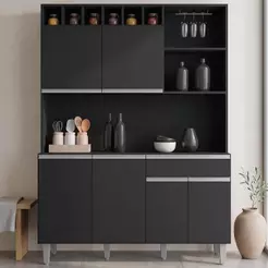 Kit Cozinha Compacta 130cm Com 6 Portas 1 Gaveta Alice Preto Fosco - AJL Móveis