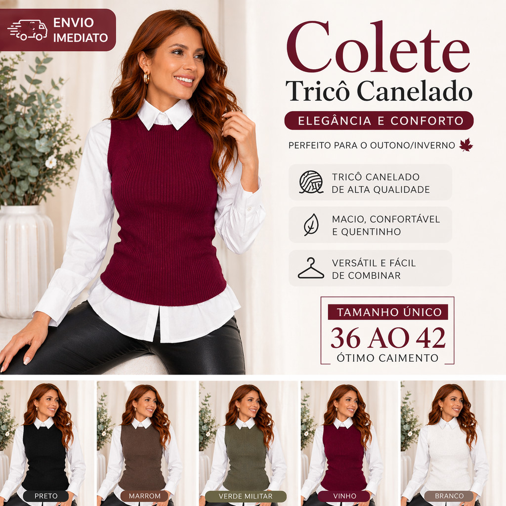 Colete Feminino Tricô Canelado – Look Elegante, Confortável e Super Versátil Moda Outono Inverno