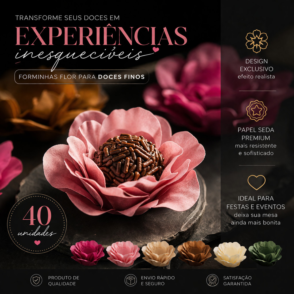 Kit 40 Forminhas de Doces Finos Formato Flor pra Festa Casamento Aniversário Batizado