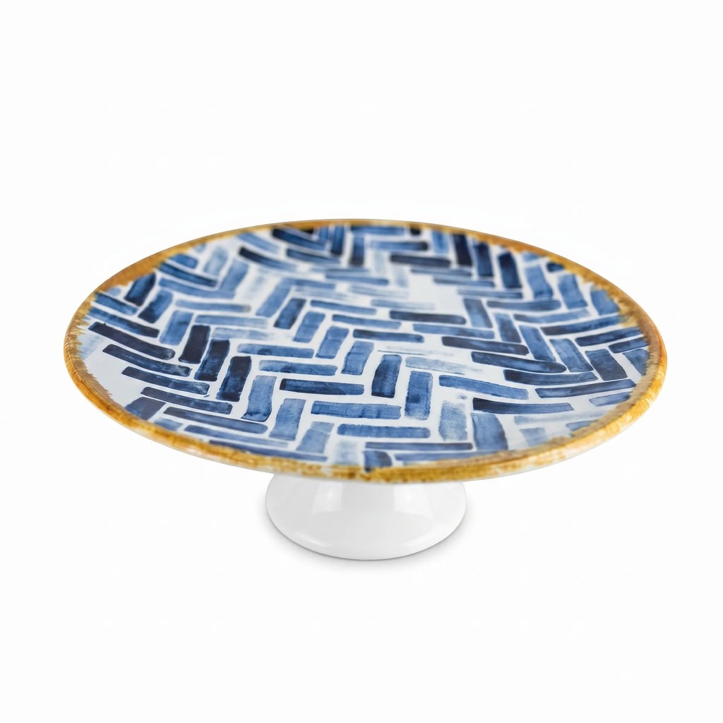 Prato de Bolo Suporte Boleira Com Pé Borda Bambu Aquarela do Mar  2ª Linha Cerâmica Scalla