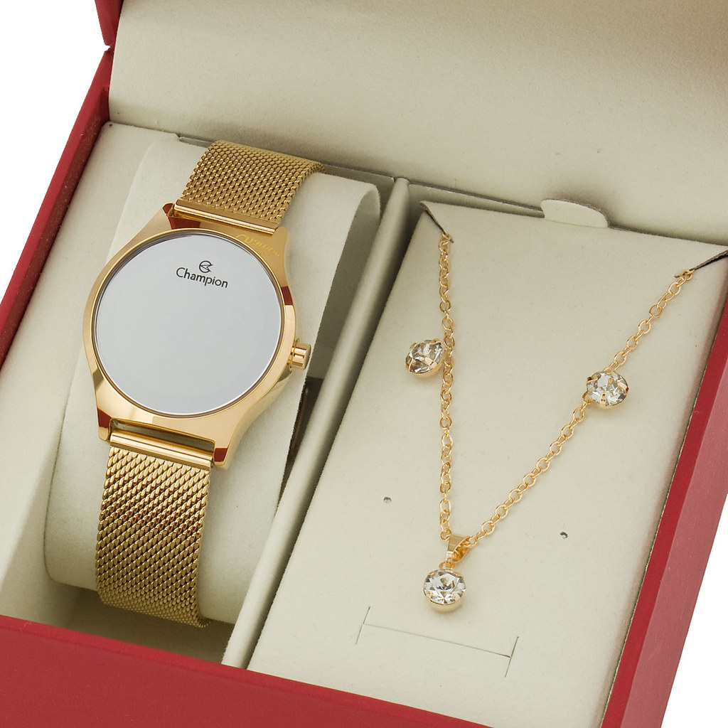 Relógio Feminino Pequeno Dourado Espelhado Colar e Brincos Presente dia das Maes CH48171B