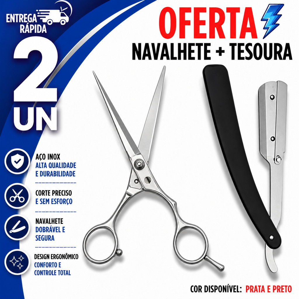 KIT NAVALHA PROFISSIONAL + TESOURA 6'' BARBEIRO PREMIUM CORTE PRECISO CABELO E BARBA