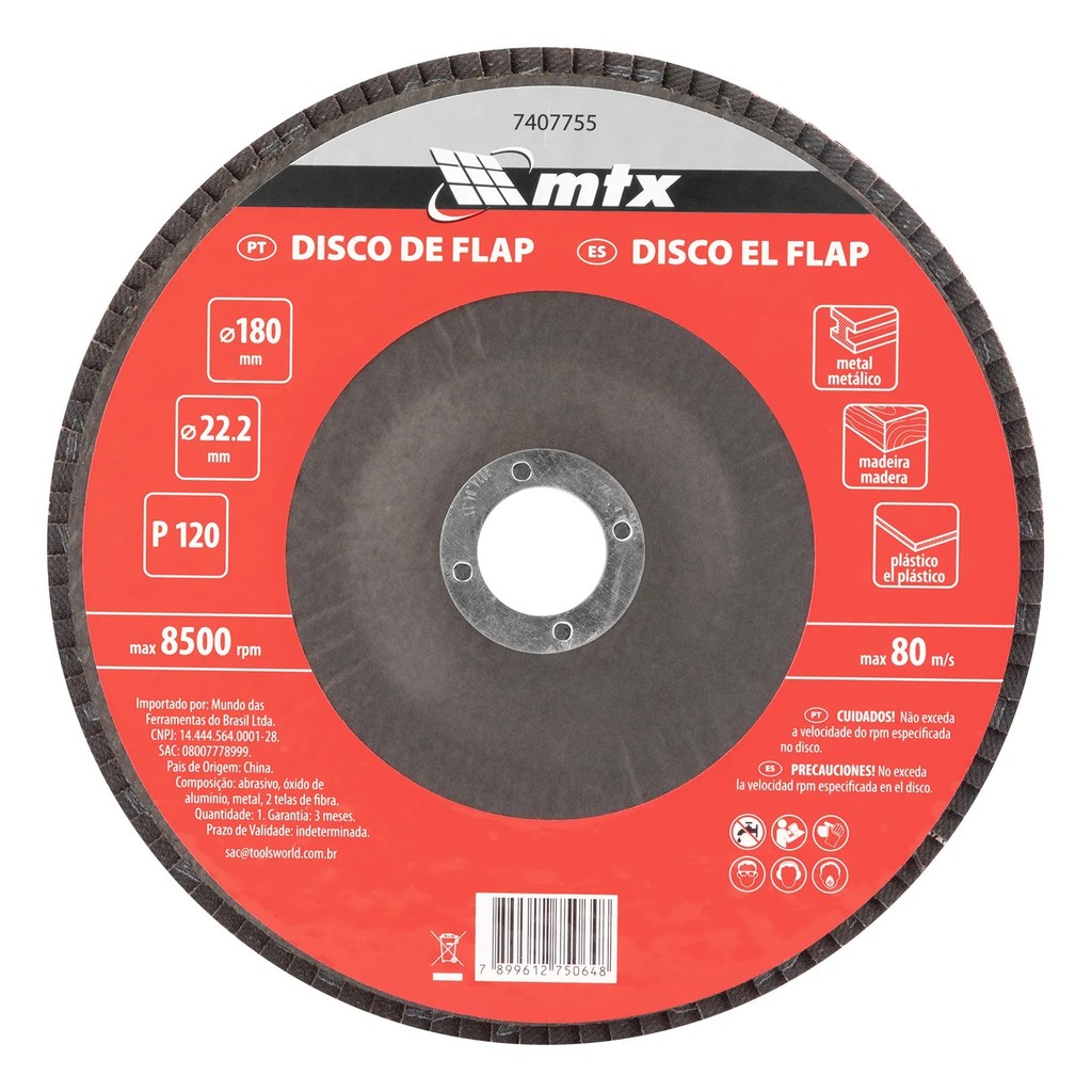 Disco Flap MTX Grão 120 180 x 22,2MM 1 Peça
