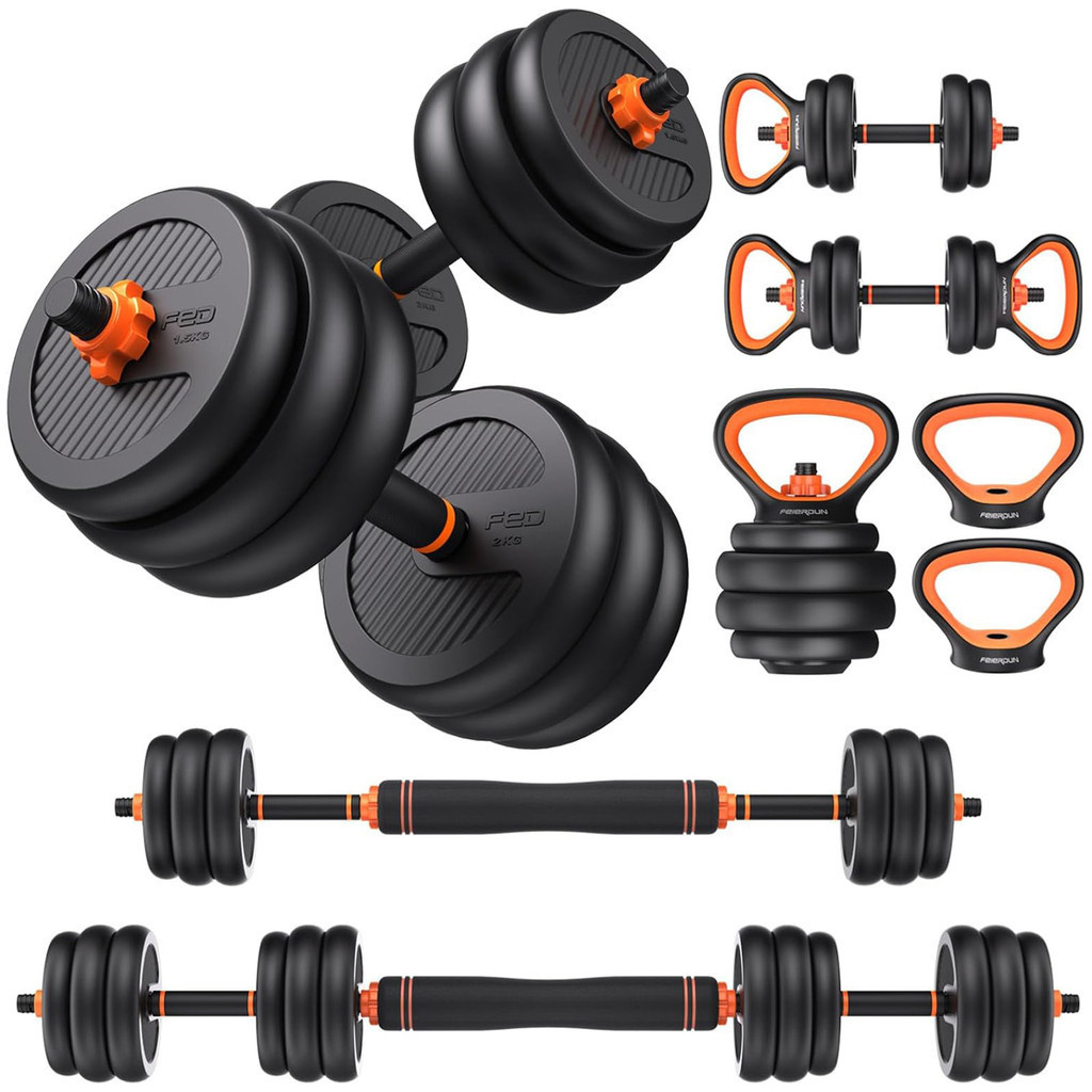 Kit Halteres de Musculação Regulável 20kg 5 em 1 Multifuncional com Kettlebell e Barra Flexão Fitness Musculação em Casa