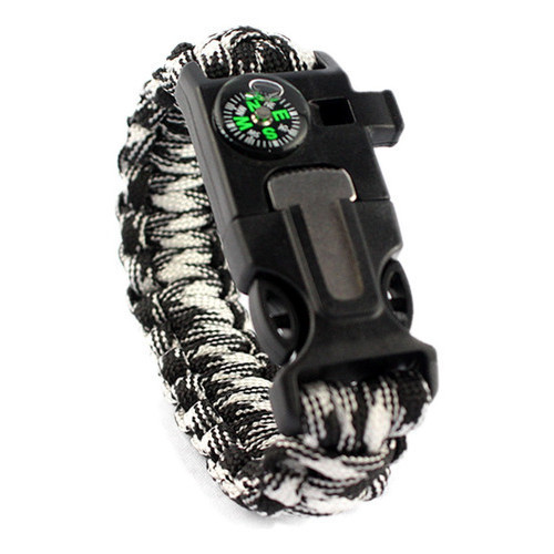 Bracelete Paracord Pederneira Apito Bussola Preto/ Branco