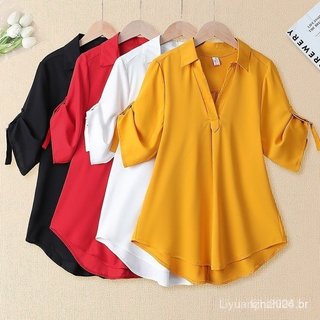 Camisa Feminina Plus Size Solta de Chiffon Camis De Mangas Cirbas Cillas / Kemeja Perepan GTMK JM01