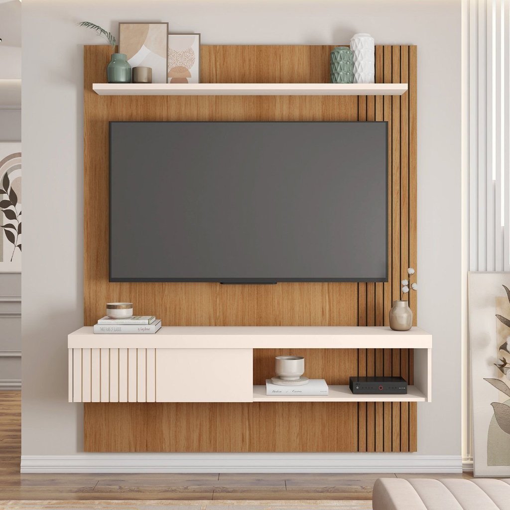 Painel Ripado para TV até 55 Polegadas 150cmx183cm Moon Marrom Freijó/Off White