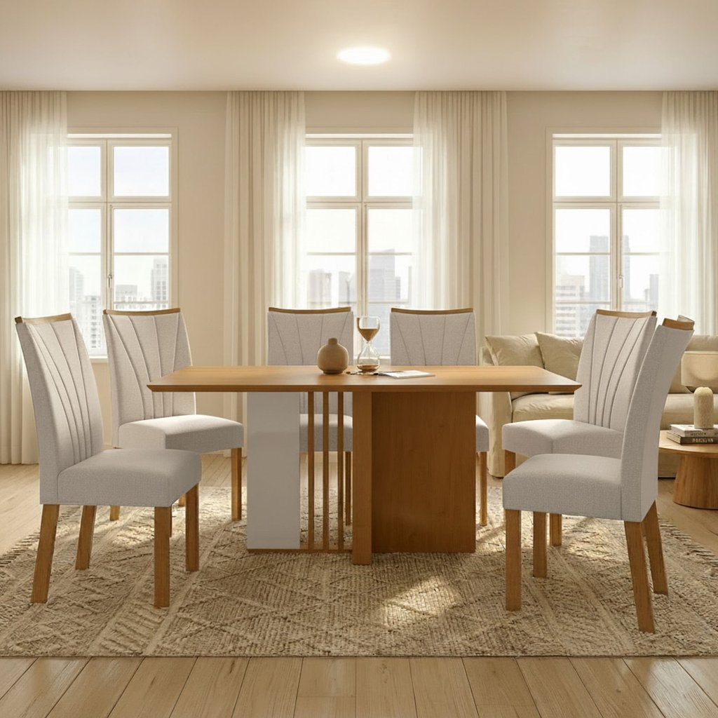 Conjunto Sala de Jantar 6 Lugares Retangular Tampo MDF No Glass Mesa Astrid com Cadeiras Apogeu Amêndoa/Off White/Creme