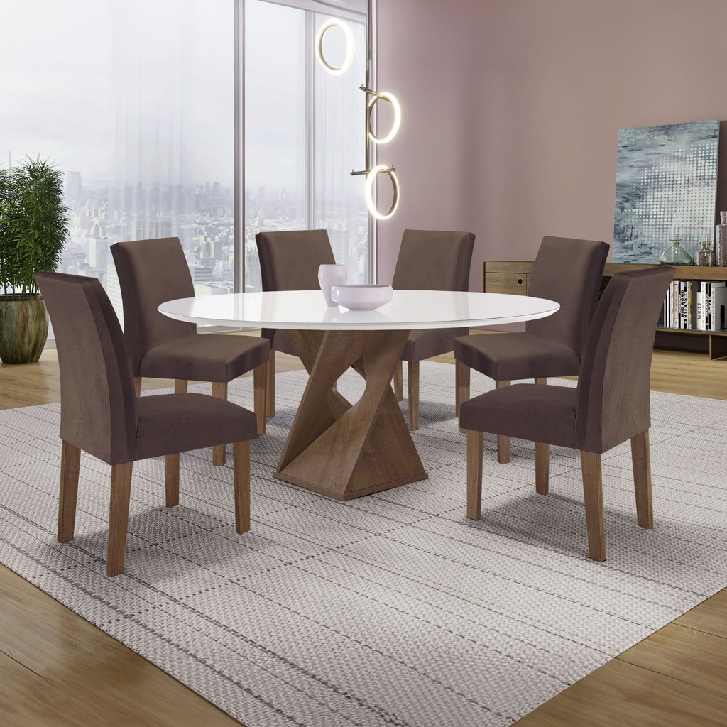 Conjunto Mesa Barcelona 120cm com 6 Cadeiras Espanha Tampo Plus Redondo Vidro Yescasa Chocolate/Off White/Veludo Marrom