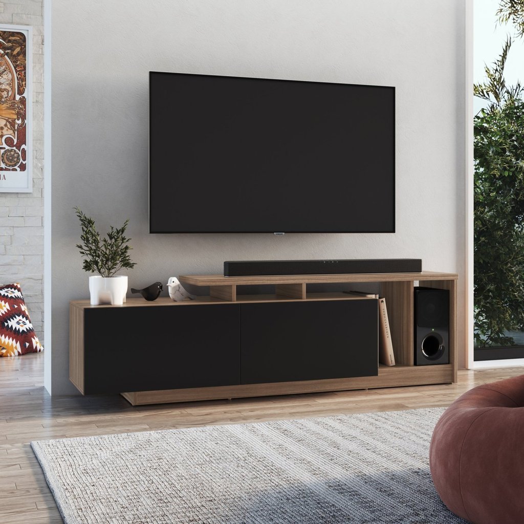 Rack para TV até 50 Polegadas 162,5cm Rodape 2 Portas e Nichos Linea Marrom Montana/Preto