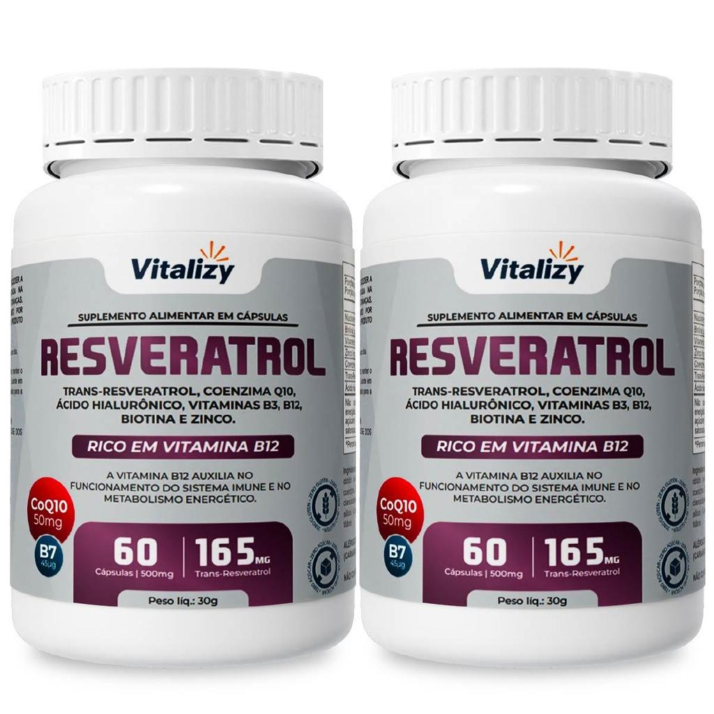 Kit 2x60 Cápsula Resveratrol 165mg Vitalizy CoQ10 Biotina Ácido Hialurônico Zinco B3 B12s Alta Concentração Premium
