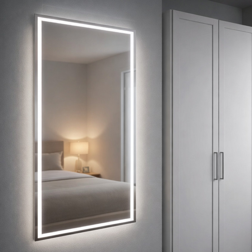Espelho Grande com Botão Touch e Led 3 cores Jateado 120x60 Corpo Inteiro Retangular Premium