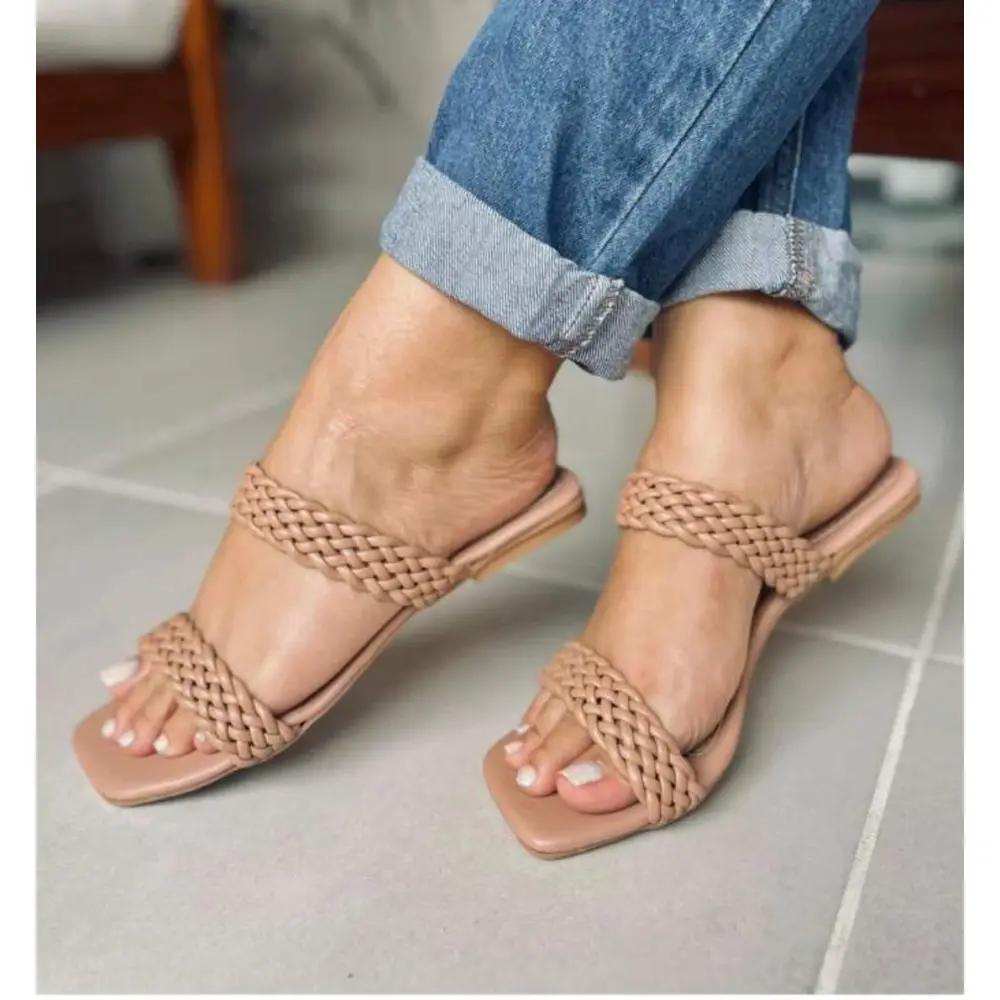 Sandália Rasteira Feminino Trançada Confortável Casual Elegante com Solado Antiderrapante