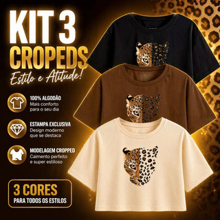 Kit 3 Cropped Feminino Oversized Onça Estampado Top Blusinha Modinha