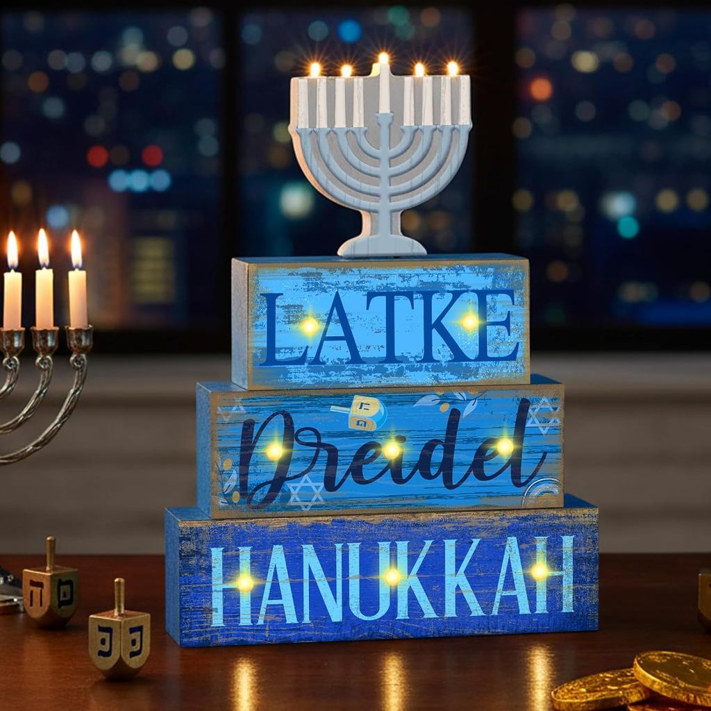 Kathfly 4 Peças de Decorações de Hanukkah para Casa, Decoração de Mesa de Hanukkah Iluminada, Decoração de Menorá de Mad