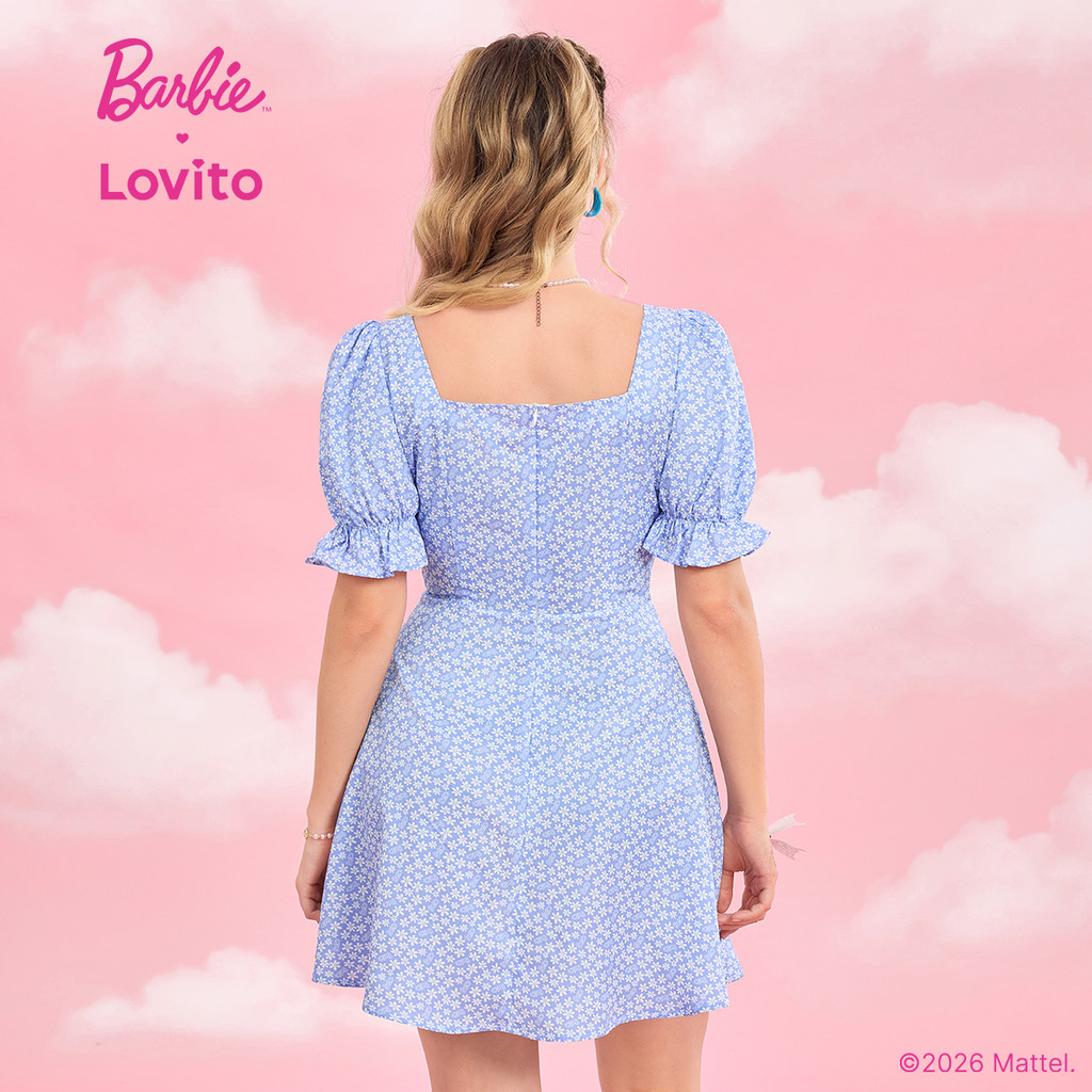 Barbie™ X Lovito Casual Vestido Padrão Enrugado Babados Feminino Primavera/Verão Floral DRBL4PAD017 · foto 2