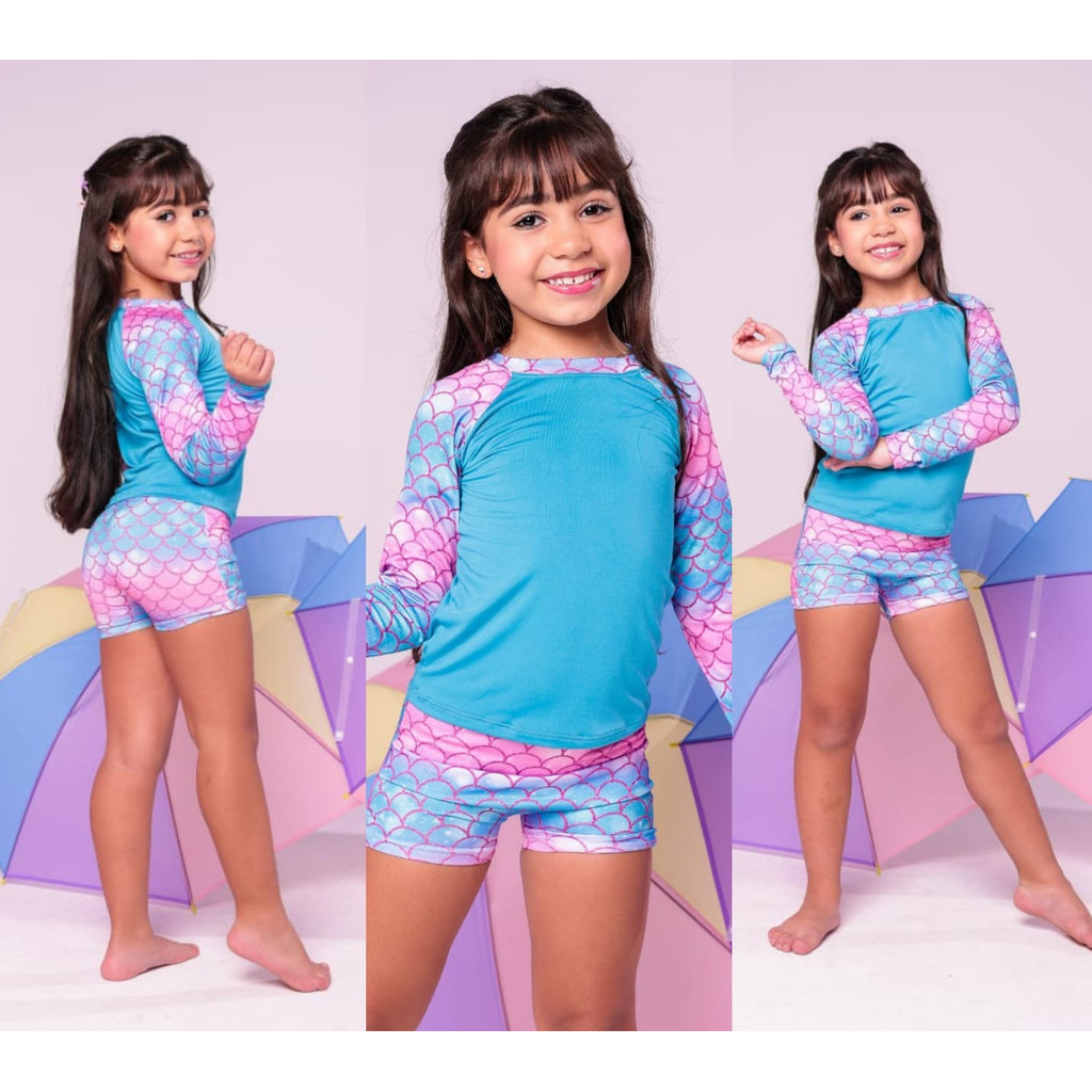 Conjunto Sereia Moda Praia Piscina Infantil Menina Camisa Manga Longa e Shortinho do 2,4,6,8,10 Anos