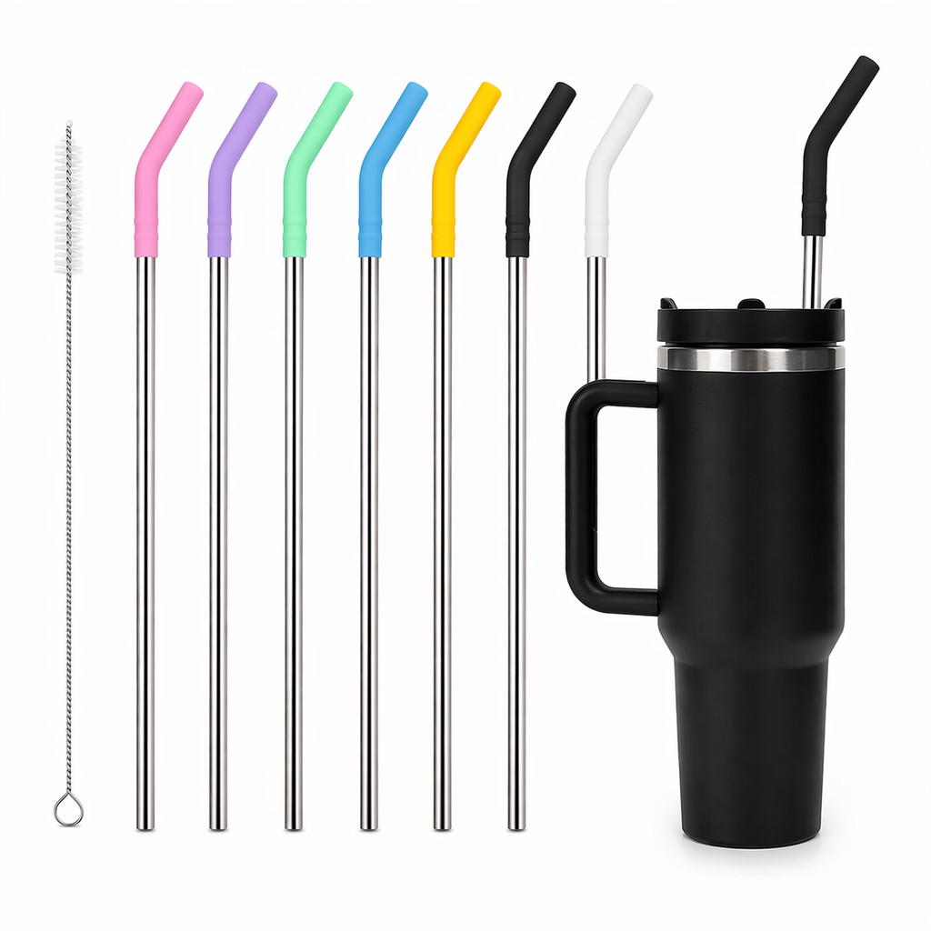 Imagem Kit Canudo de Aço Inoxidável 28cm com Ponta de Silicone e Escova de Limpeza para Copo Térmico 900/1200ml