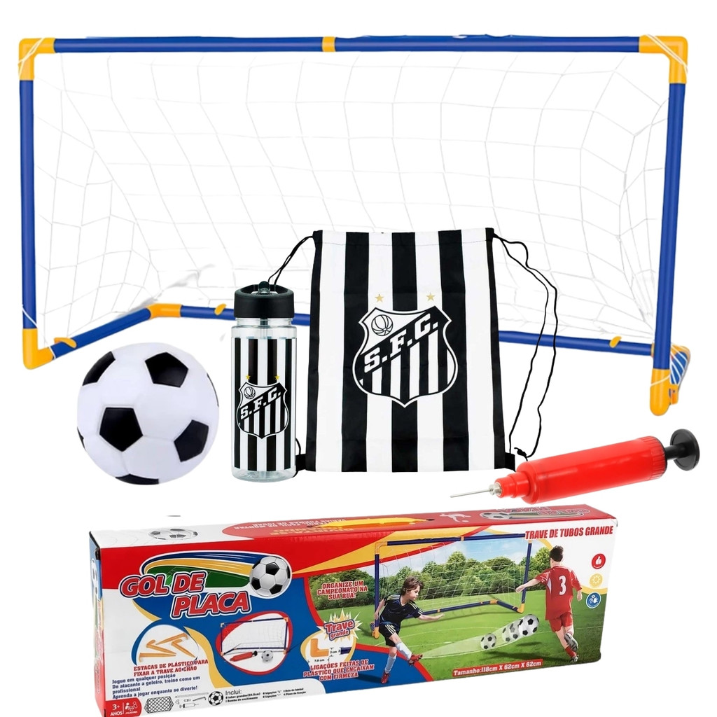 Kit Infantil Futebol Trave c/ Rede Bola Bomba Mochila Saco e Garrafa 450ml Completo Criança Esporte Lazer Diversão Casa