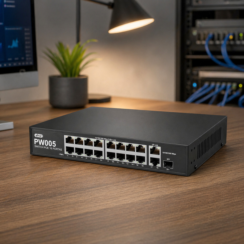 Switch PoE 8 Portas 16 Portas Gigabit RJ45 com 2 Uplink Gigabit e 1 Porta SFP Plug and Play