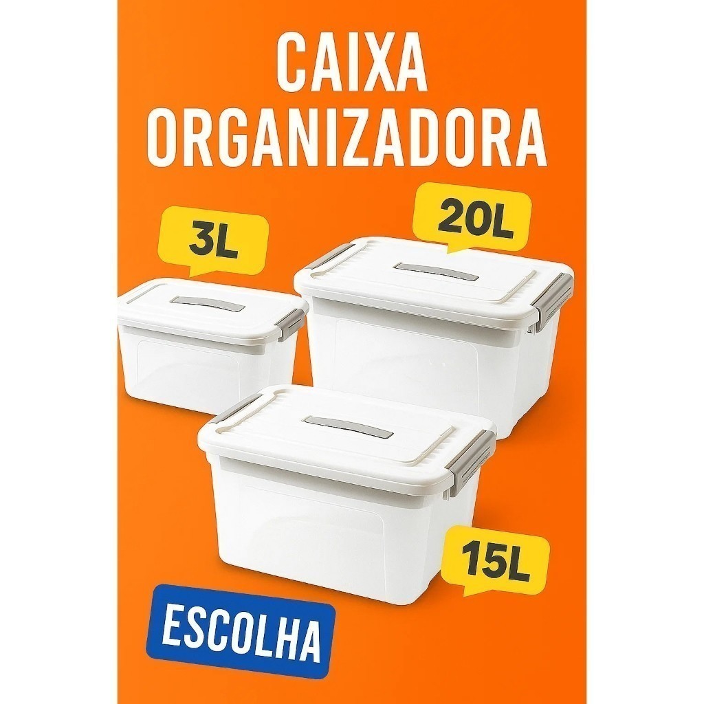 Organizador plástico 20L com tampa multiuso resistente com trava quarto sala escritório