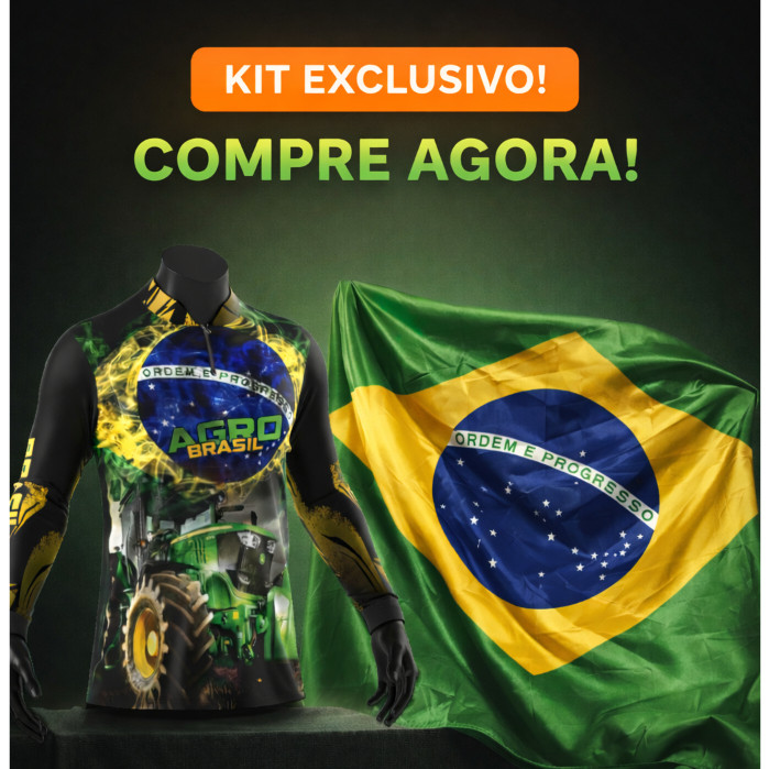 Camiseta Agro Brasil Manga Longa + Bandeira do Brasil | Proteção Solar UV50+ com Zíper