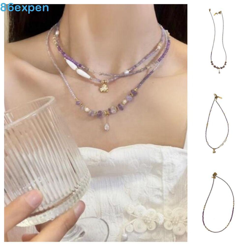 EXPEN1 Colar De Pérolas Popular , Pingente De Ametista Feito À Mão Com Corrente Em Camadas , Contas De Dopamina Doce