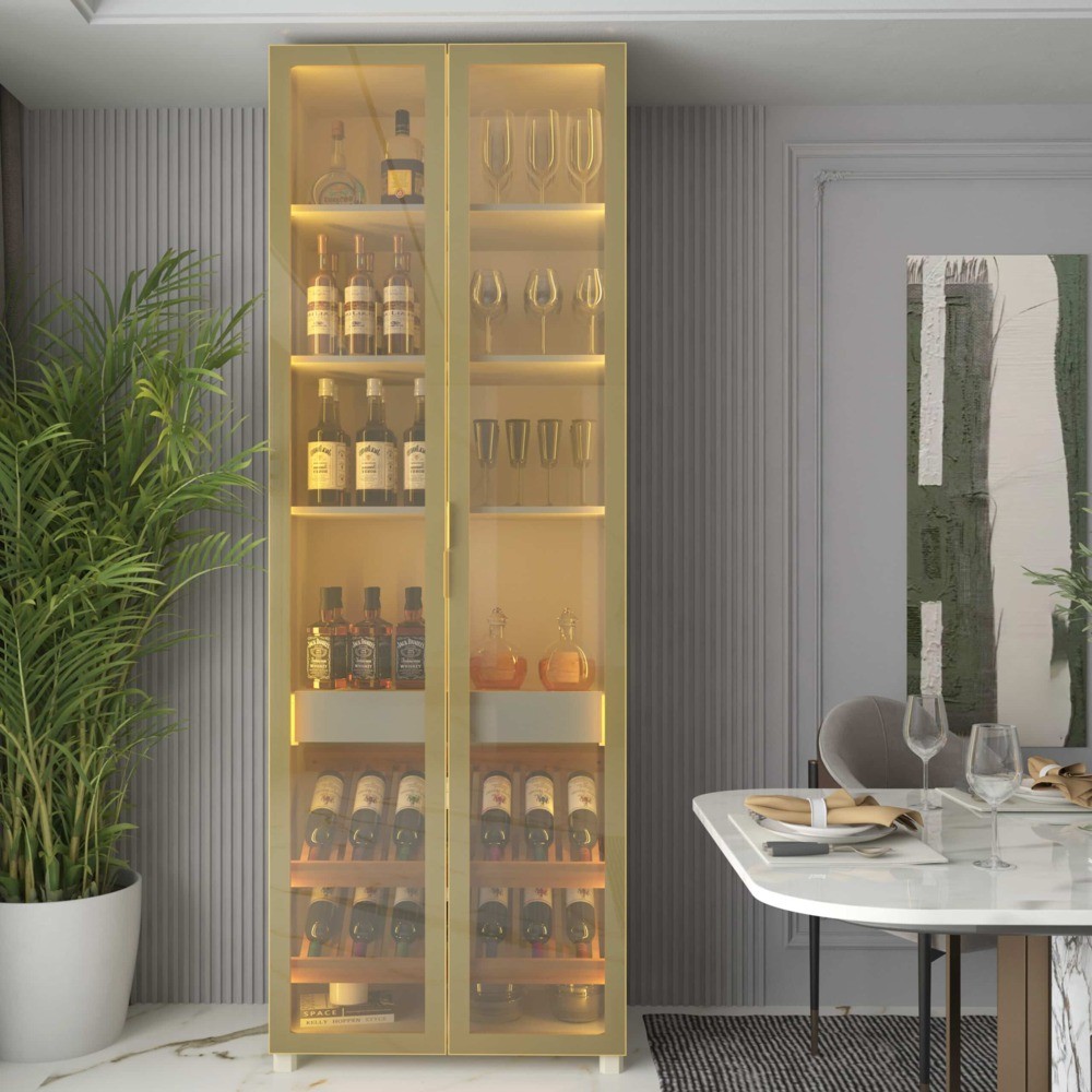 Cristaleira Bar Adega Prisma Reflecta LED Off White Dourado - Gelius