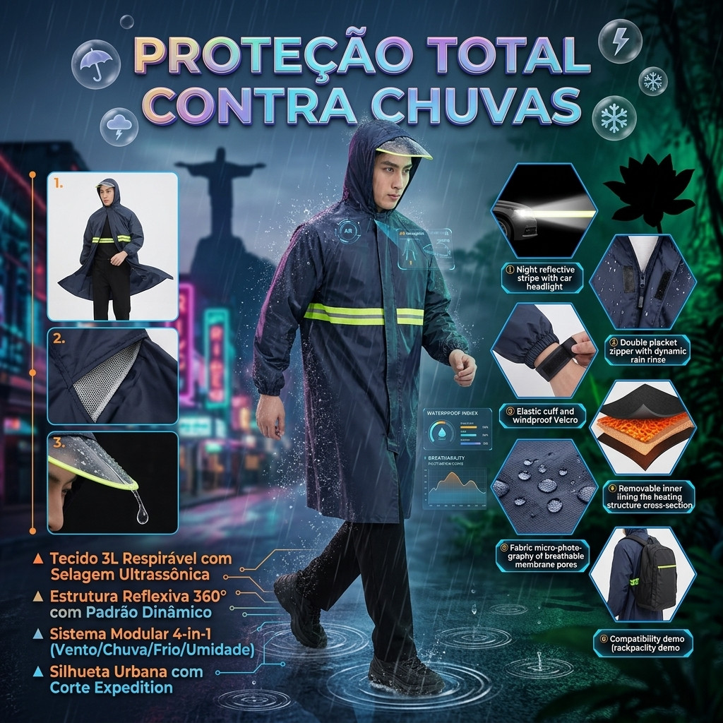 Capa de Chuva Impermeável Tecido Oxford com Refletivo e Capuz: Jaqueta Corta-Vento Reforçada para Trabalho e Pesca