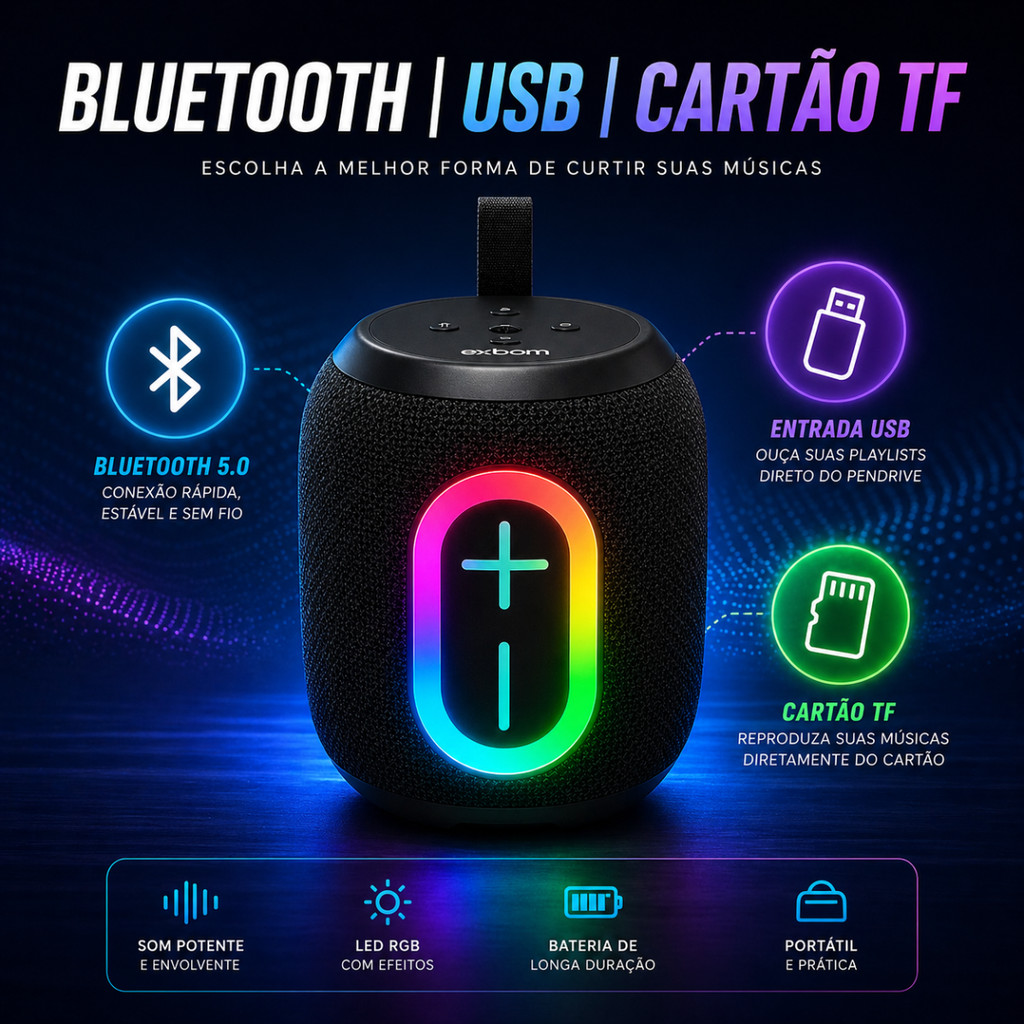 Caixa de Som Portatil Bluetooth RGB LED Som Potente Melhor USB