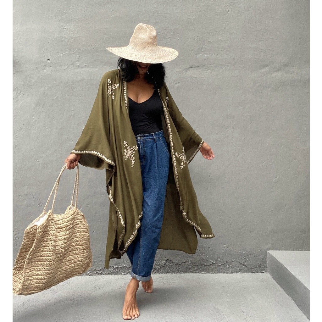 Preto Quimono Boho Longo Kaftan Praia Rayon Bordado Cobrir Férias Protetor Solar Cardigan Biquíni Plus Size Vestido De V